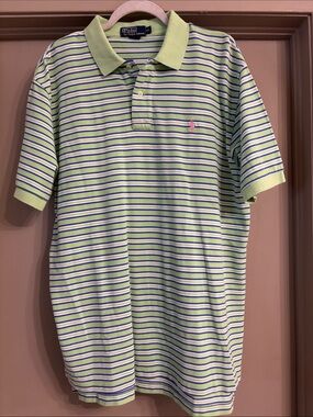 Polo by Ralph Lauren Light Green Striped Polo with Pink Logo